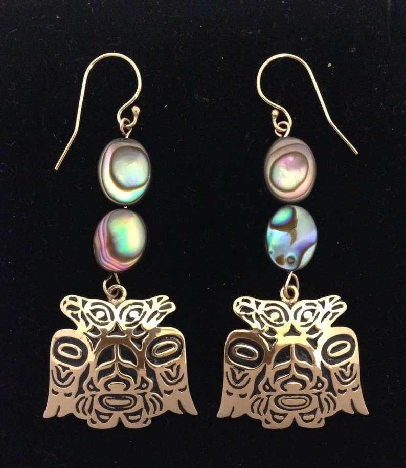 Alchemia Zero Gold & Abalone Lovebird Dangle Earrings, Northwest Native Design Earrings image 1