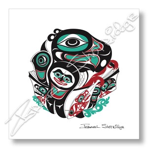May include: A stylised illustration in black, red and teal of a creature with a large eye and a smaller creature with a human-like face. The artwork is on a white background and signed "Israel Shotridge".
