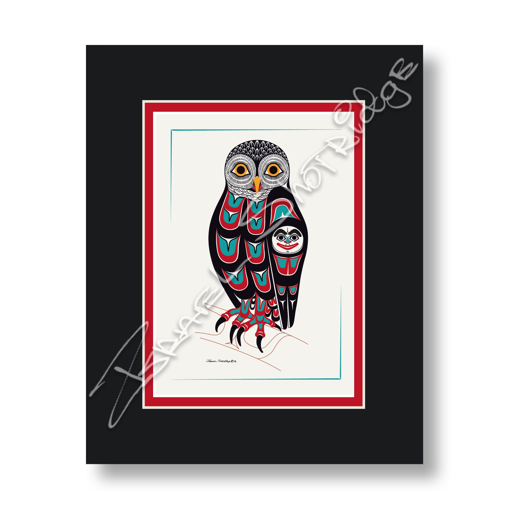Búho 8" X 10" Matted Art Card / Tlingit Northwest Native American Artist Israel Shotridge