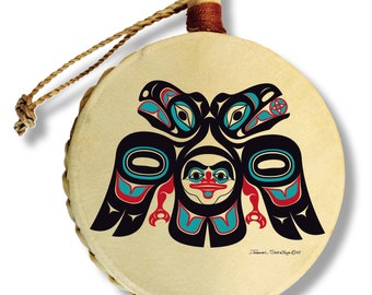 Lovebirds Holiday Drum Ornament / Designed by Tlingit Master Artist Israel Shotridge / Northwest Coast Art