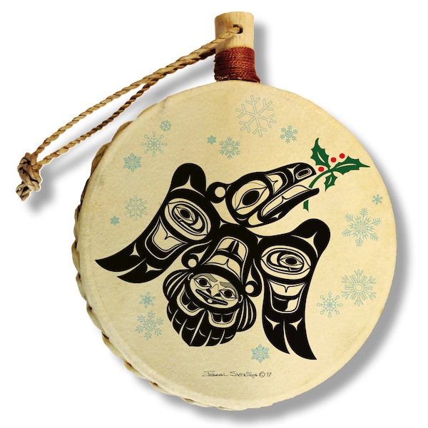 Raven With Holly Holiday Drum Ornament / Designed by Tlingit Master Artist Israel Shotridge / Northwest Coast Art