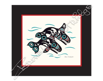 Orcas 15" x 13" Open Edition Art Print (Matted) / Tlingit Northwest Native American Artist Israel Shotridge