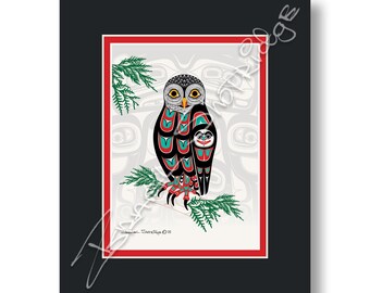 Owl & Screen / 8" X 10" Matted Art Card / Tlingit Northwest Native American Artist Israel Shotridge