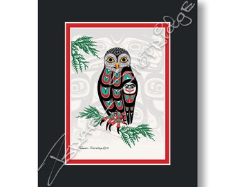 Owl & House Screen 8" X 10"" Matted Art Card / Tlingit Northwest Native American Artist Israel Shotridge