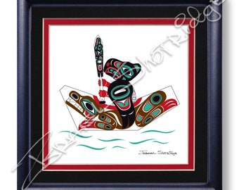 Eagle & Bear Canoe  8" x 8" Giclée Art Print (Framed) / Tlingit Northwest Native American Artist Israel Shotridge