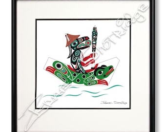 Raven & Frog Canoe Limited Edition Giclée Art Print (Double Matte Framed) / Tlingit Northwest Native American Artist Israel Shotridge