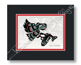 Eagle Salmon & House Screen 10" X 8" Matted Art Card / Tlingit Northwest Native American Artist Israel Shotridge