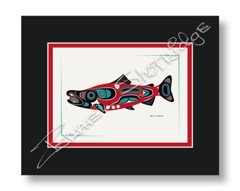 Northwest Salmon 10 &quot;X 8&quot; Matted Art Card / Tlingit Northwest Artista nativo americano Israel Shotridge