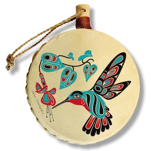 Hummingbird & Fuchsia Holiday Drum Ornament / Designed by Tlingit Master Artist Israel Shotridge / Northwest Coast Art image 1