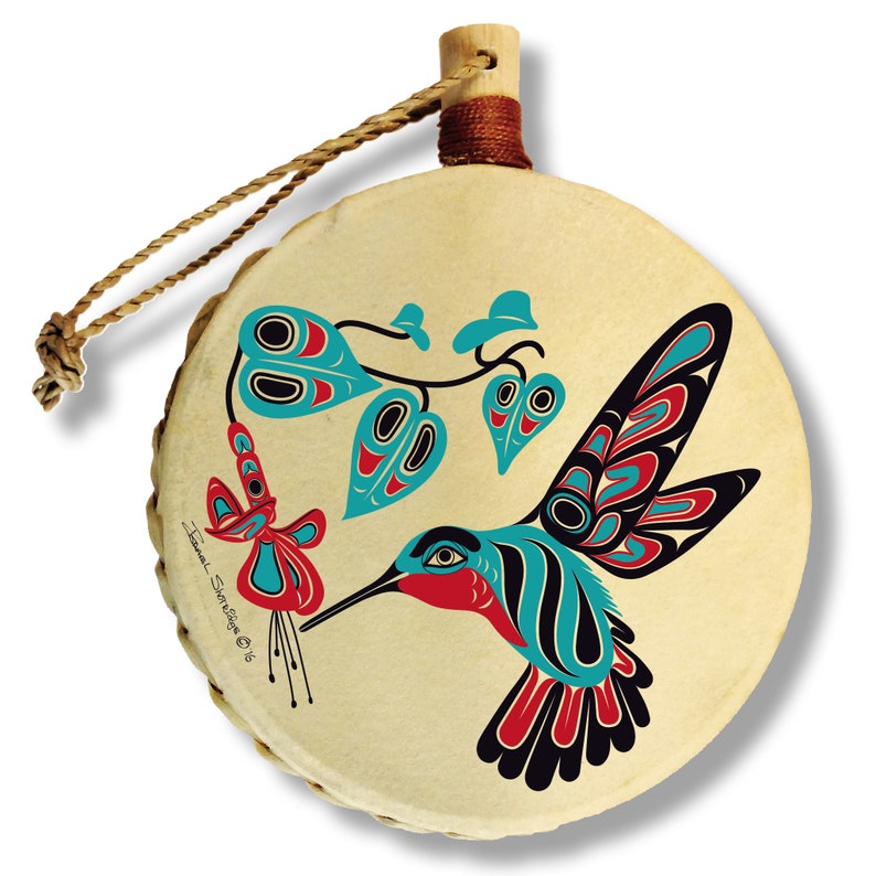 Hummingbird & Fuchsia Holiday Drum Ornament / Designed by Tlingit Master Artist Israel Shotridge / Northwest Coast Art image 1