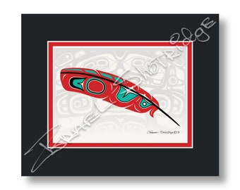 Red Feather & House Screen 10" X 8" Matted Art Card / Tlingit Northwest Native American Artist Israel Shotridge