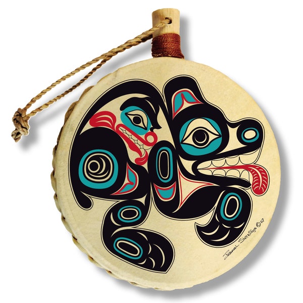 Adorno de tambor navideño de oso / Diseñado por el maestro artista tlingit Israel Shotridge / Arte de la costa noroeste