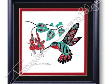 Hummingbird & Fuchsia  8" x 8" Giclée Art Print (Framed) / Tlingit Northwest Native American Artist Israel Shotridge