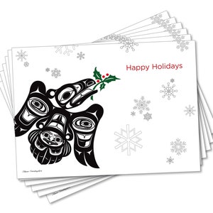 Karty świąteczne Raven with Holly / Kolekcja 6 kart / Zestaw kart artystycznych Formline / Karty artystyczne Tlingit Northwest Native American - 5"x 7"
