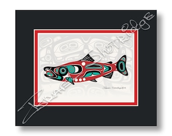 Northwest Salmon & House Screen 10" X 8" Matted Art Card / Tlingit Northwest Native American Artist Israel Shotridge