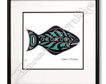 Halibut Limited Edition Giclée Art Print (Double Matte Framed) / Tlingit Northwest Native American Artist Israel Shotridge