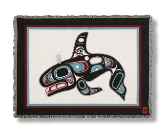 Killer Whale Cotton Formline Throw Blanket - Designed by Tlingit Master Artist Israel Shotridge - Tlingit Northwest Native American Blankets