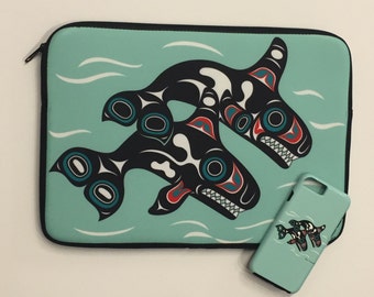 Northwest Native American ORCAS iPad/Laptop Zippered Sleeve & Cell Phone Case Matching Set