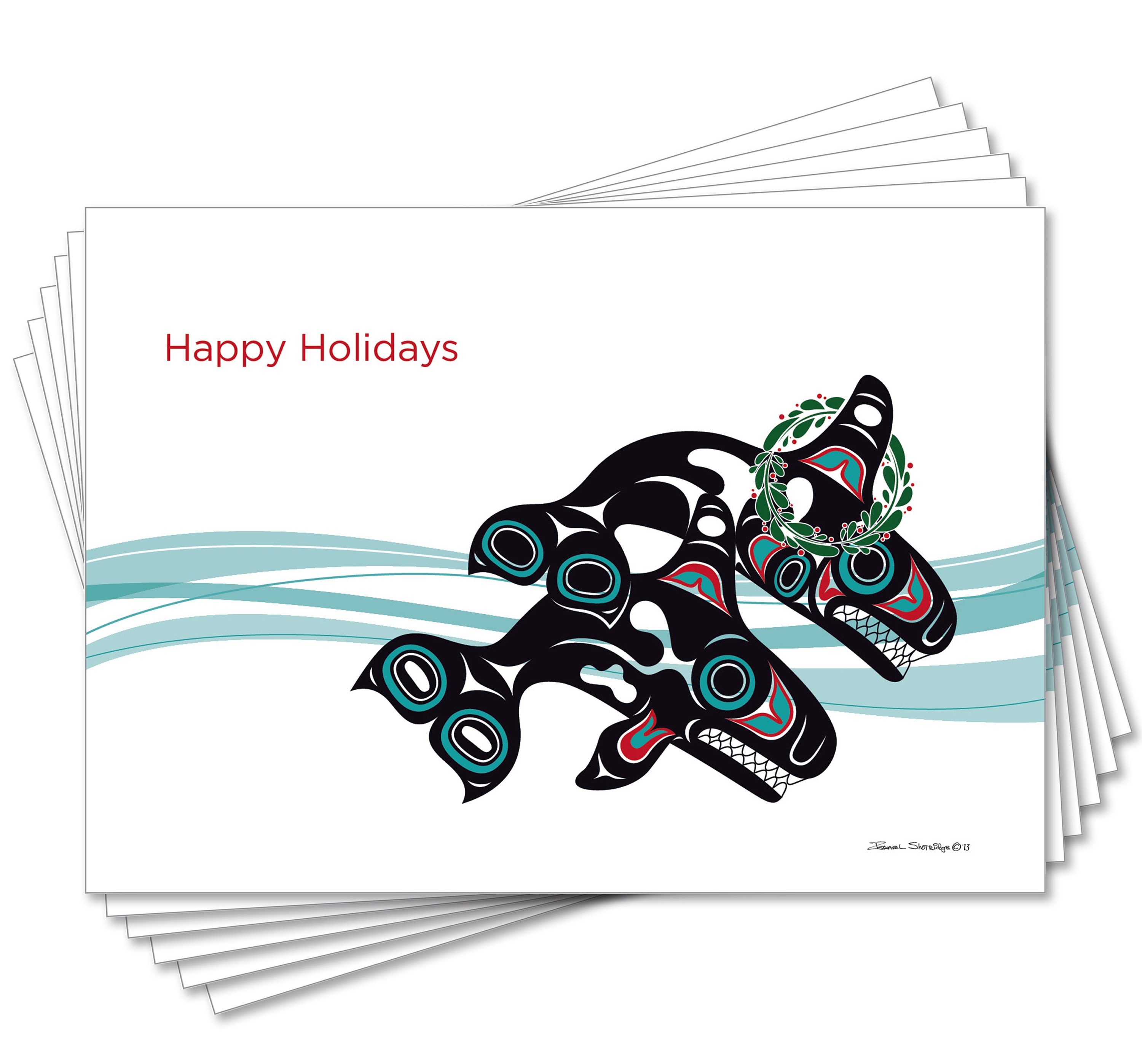 Orcas With Wreath Holiday Art Cards / 6 Card Collection / Formline