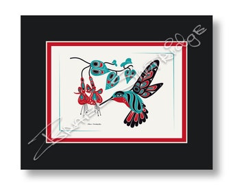 Colibrí y fucsia 10&quot; X 8&quot; Tarjeta de arte mate / Tlingit Artista nativo americano del noroeste Israel Shotridge