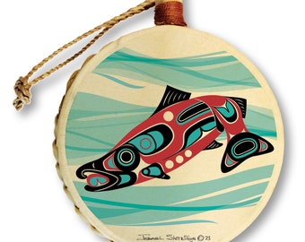 Adorno de tambor navideño Salmon Run / Diseñado por el maestro artista tlingit Israel Shotridge / Arte de la costa noroeste