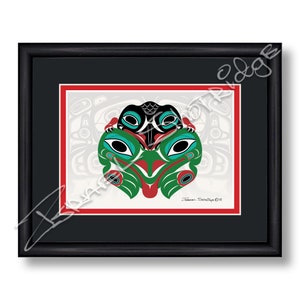 Baby Raven Frog & House Screen / 10" X 8" Encadré Art Card / Tlingit Northwest Native American Artist Israel Shotridge