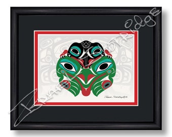 Baby Raven Frog & House Screen / 10" X 8" Tarjeta de arte enmarcada / Tlingit Northwest Native American Artist Israel Shotridge