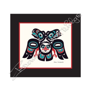 May include: A black and white stylized illustration of a raven with red, blue, and turquoise accents. The raven is depicted in a traditional Northwest Coast Native American art style. The image is framed with a black border and a red inner border.
