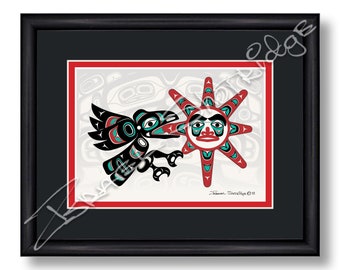 Cuervo robando el sol y la pantalla de la casa Tarjeta de arte enmarcada de 10" x 8" / Artista nativo americano del noroeste de Tlingit Israel Shotridge