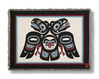 Lovebirds Formline Throw Blanket / Diseñado por el artista maestro Tlingit Israel Shotridge / Tlingit Northwest Native American Blankets