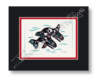 Orcas 10" X 8" Matted Art Card / Tlingit Northwest Native American Artist Israel Shotridge