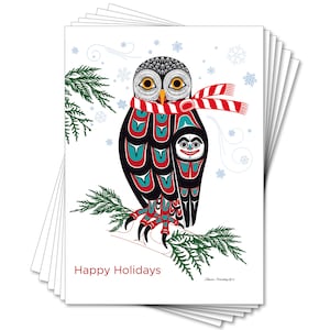 Tarjetas artísticas navideñas de búho invernal / Colección de 6 tarjetas / Set de tarjetas artísticas Formline / Tarjetas artísticas de nativos americanos Tlingit del noroeste - 12,7 x 18,8 cm