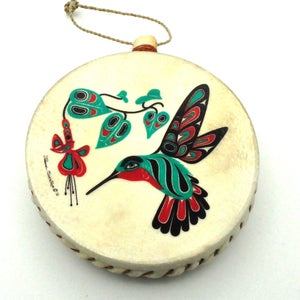 Hummingbird & Fuchsia Holiday Drum Ornament / Designed by Tlingit Master Artist Israel Shotridge / Northwest Coast Art image 2