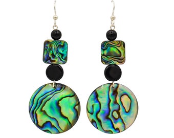 Abalone, Paua Shell, Black Onyx, and Sterling Silver Dangle Earrings by Sue Shotridge