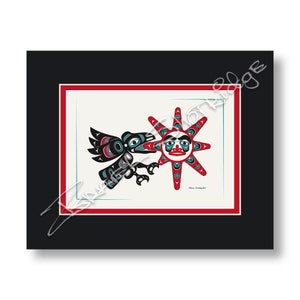 May include: A black and red stylized illustration of a raven with a human-like face, holding a red sun with a human-like face in its beak. The raven and sun are on a white background with a red and black frame.