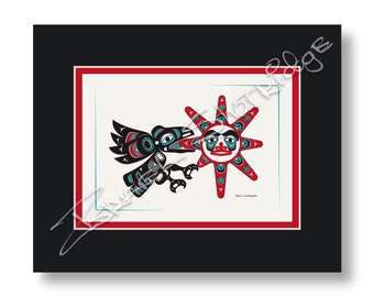 Cuervo robando el sol 10&quot; X 8&quot; Tarjeta de arte mate / Tlingit Artista nativo americano del noroeste Israel Shotridge
