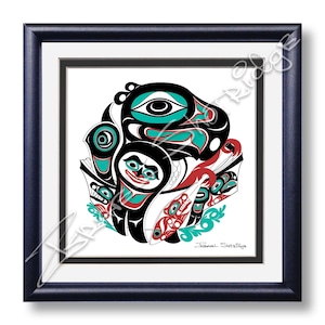 May include: A framed print of a colourful Northwest Coast Indigenous art design featuring a stylised black, red and green creature with a large eye. The artist's signature, "Jeannel Shotridge", is in the bottom right corner.