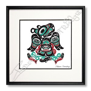May include: A black and white print of a stylised Native American design featuring a bird with a human face and a fish. The design is framed in black and has a white mount. The artist's signature, "Samuel Shortridge", is in the bottom right corner.
