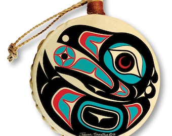 Adorno de tambor navideño Raven 2 / Diseñado por el maestro artista tlingit Israel Shotridge / Arte de la costa noroeste