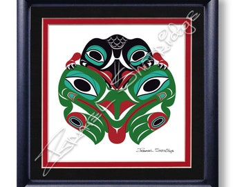 Baby Raven & Frog  8" x 8" Giclée Art Print (Framed) / Tlingit Northwest Native American Artist Israel Shotridge