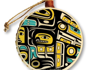 Adorno de tambor navideño Chilkat / Diseñado por el maestro artista tlingit Israel Shotridge / Arte de la costa noroeste