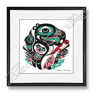 May include: A framed print of a black, red and green stylised illustration of a Native American design. The design features a large eye, a fish and a bird. The print is signed "Jeannel Shotridge".