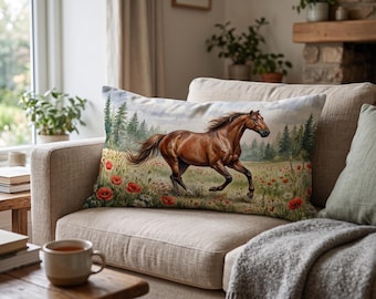 Running Horse Pillow Sham | Meadow Wildflowers Forest Scene