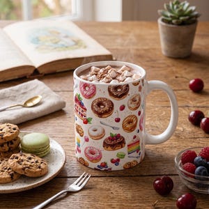 Watercolor Dessert Pattern Ceramic Mug | Donuts, Cakes, Macarons, Cookies