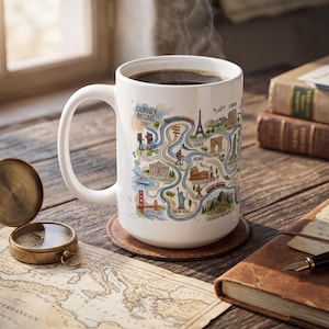 Könnte beinhalten: Ein weißer Keramikbecher mit einer bunten illustrierten Landkarte und dem Text Journey Begins Start, Eiffel Tower, Rome, Paris, Trevi Fountain, Colosseum, Golden Gate Bridge, New York und Sugarloaf Mountain, gefüllt mit einer dunklen Flüssigkeit.