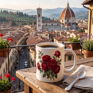 Könnte beinhalten: Eine weiße Keramiktasse gefüllt mit dunklem Kaffee, verziert mit einem roten Rosenblumendesign. Die Tasse steht auf einem Holztisch mit einem Löffel und einer Leinen-Serviette, mit Blick auf eine Stadtlandschaft mit einer Kathedrale.