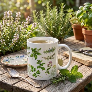 Herb Botanical Pattern Mug | Rosemary Thyme Basil Illustrated Ceramic Mug