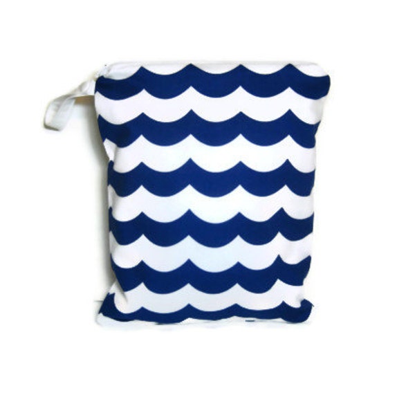 12x15 Navy waves wet bag waterproof cloth diaper zipper medium swim bathing suit pool beach girl boy blue ocean