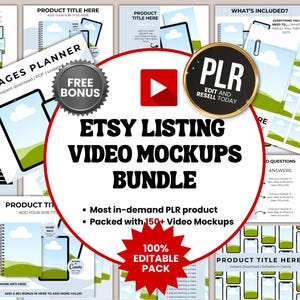 May include: An Etsy listing video mockups bundle with a red and white circular design. The image includes mockups of digital devices, a "Free Bonus" badge, and text that reads "ETSY LISTING VIDEO MOCKUPS BUNDLE".