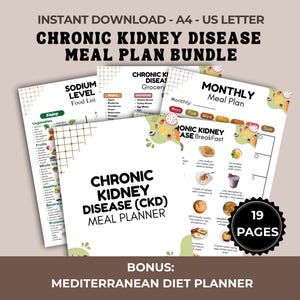 Op de afbeelding: Een bundel afdrukbare maaltijdplanners voor chronische nierziekte (CKD), inclusief een natriumlijst, boodschappenlijst en maandelijks maaltijdplan. De bundel bevat 19 pagina's en een bonus mediterrane dieetplanner.